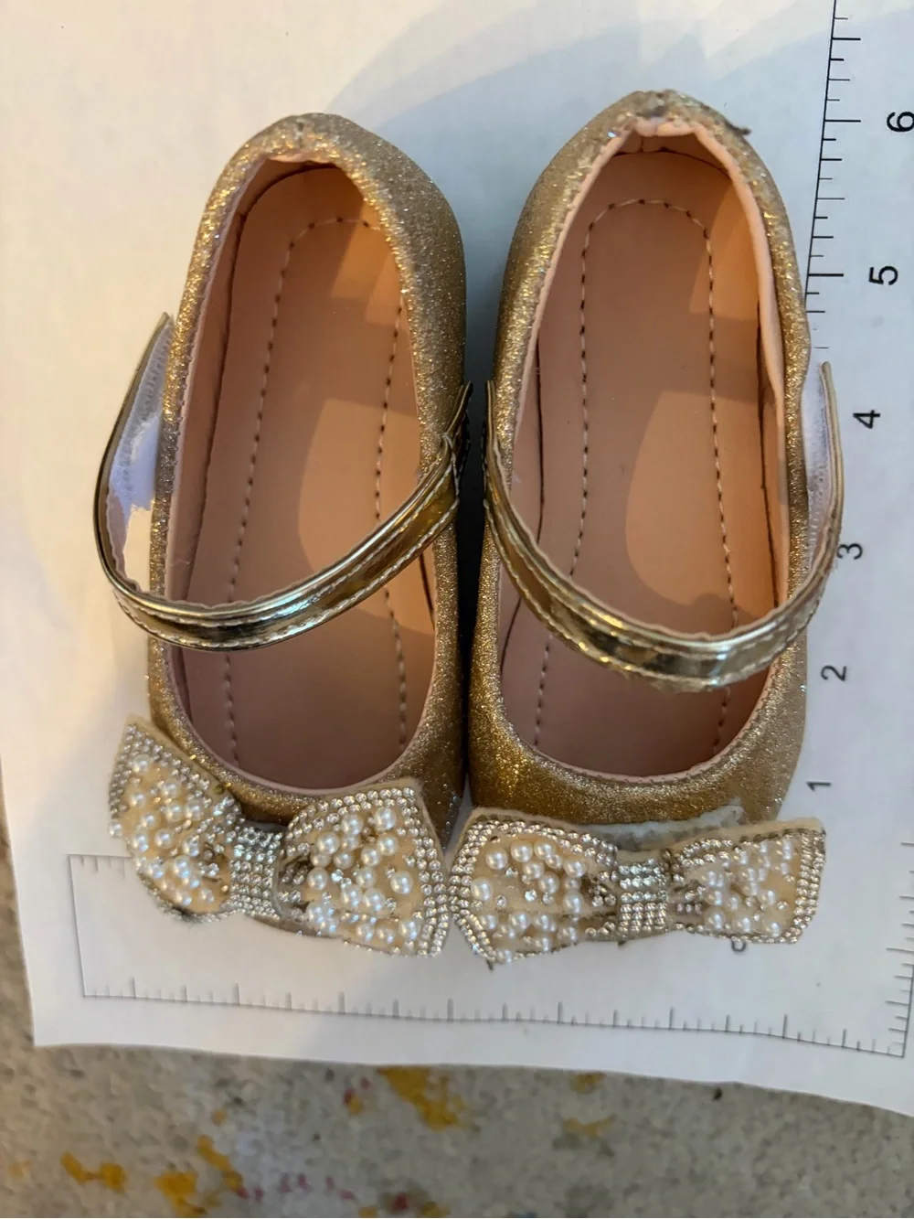Girls Gold Pearl Bow Mary Jane Flats 5.5